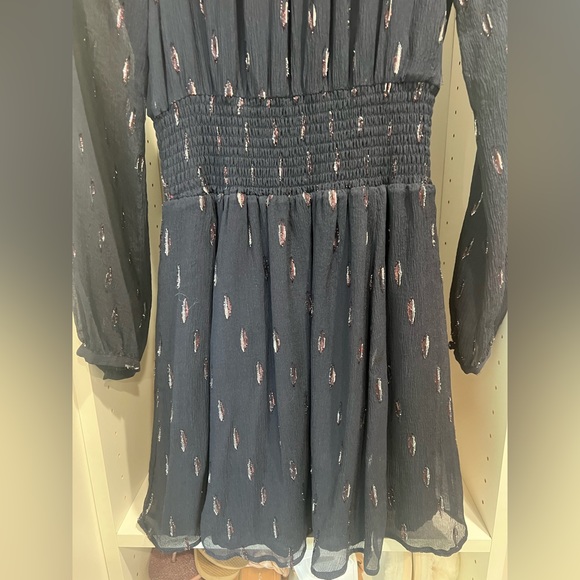 Veronica Beard Holiday Navy Blue Silver Smocked metallic Cocktail Dress Size 4 - Picture 2 of 6